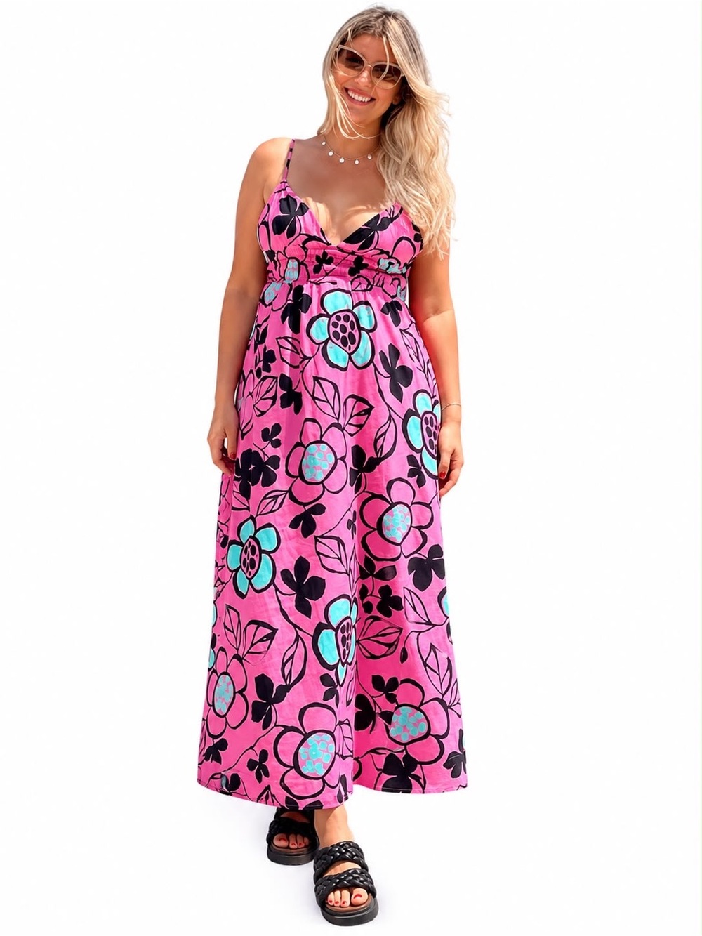 Zara Pink Floral Maxi Dress with Aqua and Black Accents